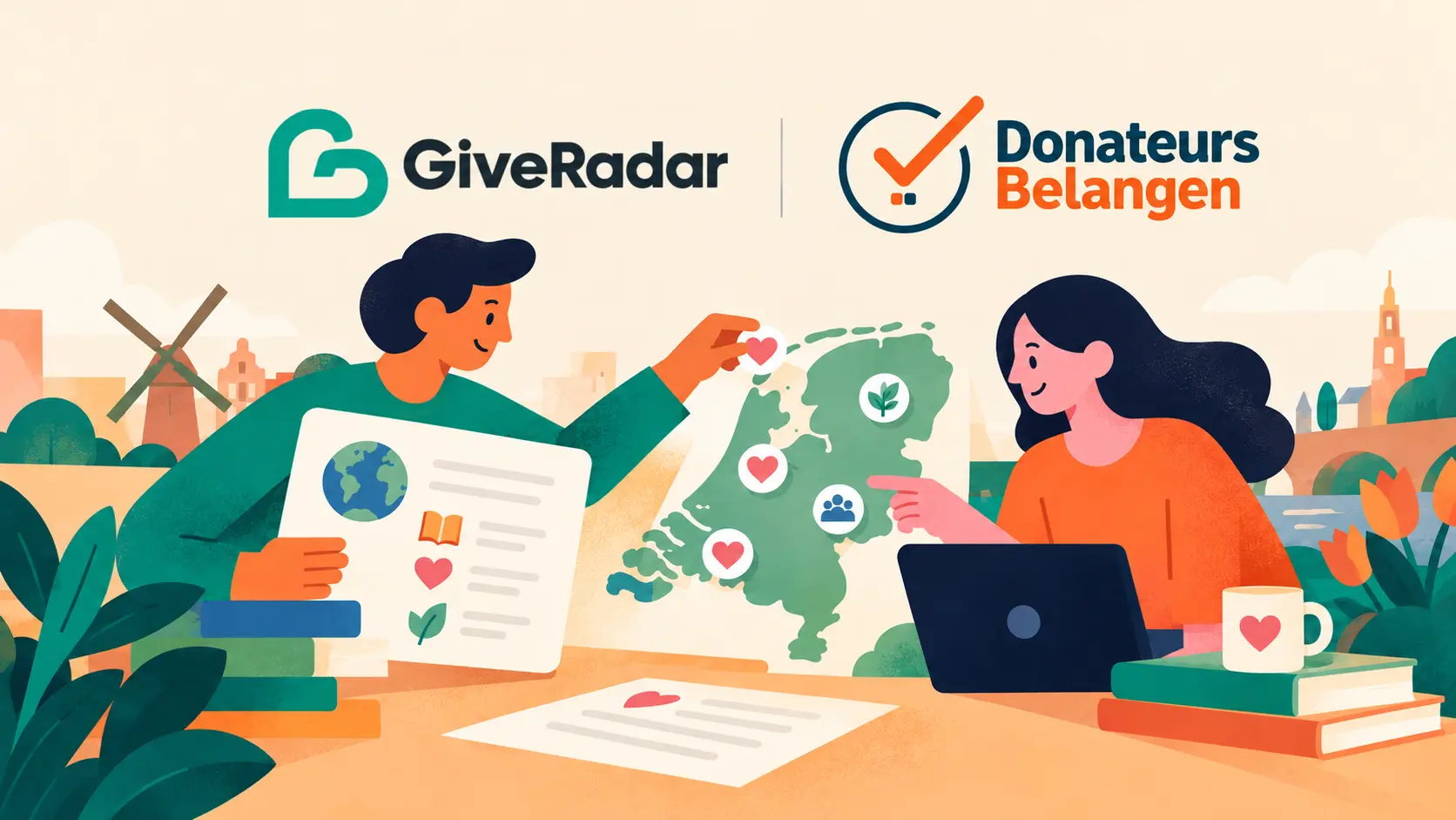 GiveRadar and Donateursbelangen logos above two people working together over a map of the Netherlands with charity icons