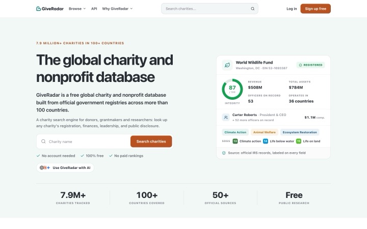 Screenshot of the GiveRadar homepage